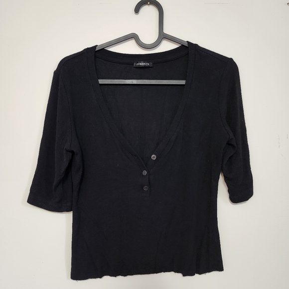 DYNAMITE | Black Ribbed Cropped Short Sleeve Top Medium - Picture 1 of 7